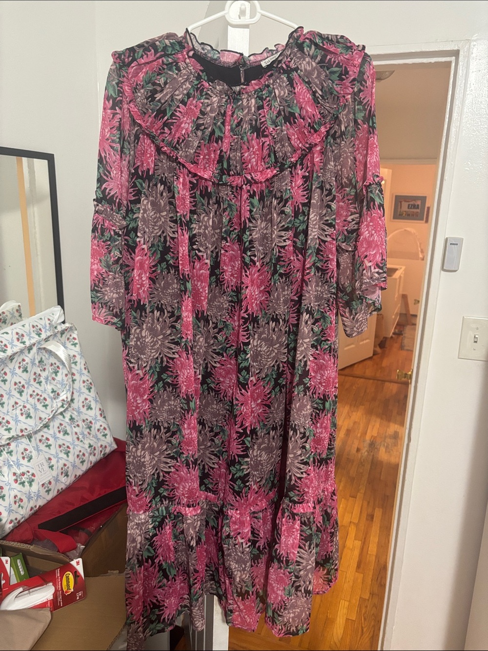 Pink Floral Ruffle Neck knee length Dress - Size M